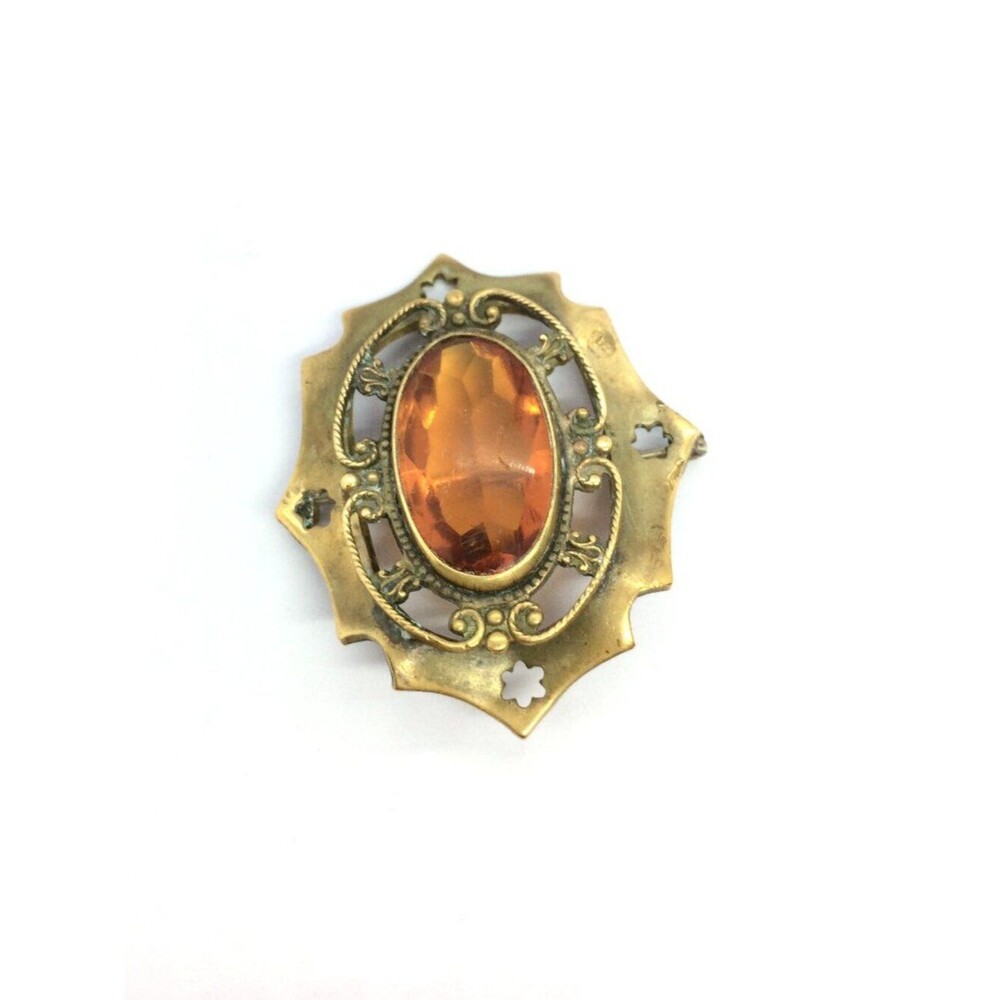 CZECH GLASS BROOCH Orange Faceted Stone Brass Filigree Pin Orange